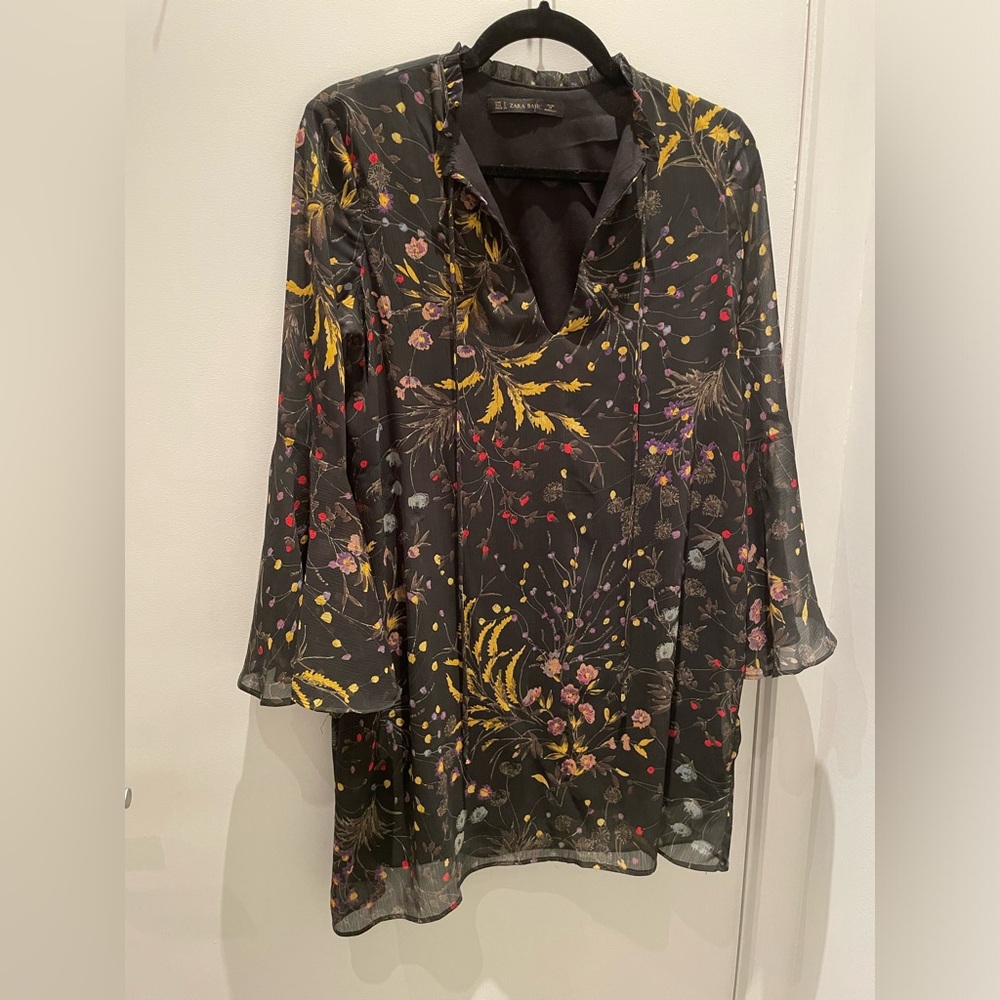 Zara Floral Mini Dress - Size S - Dark Olive/Multi